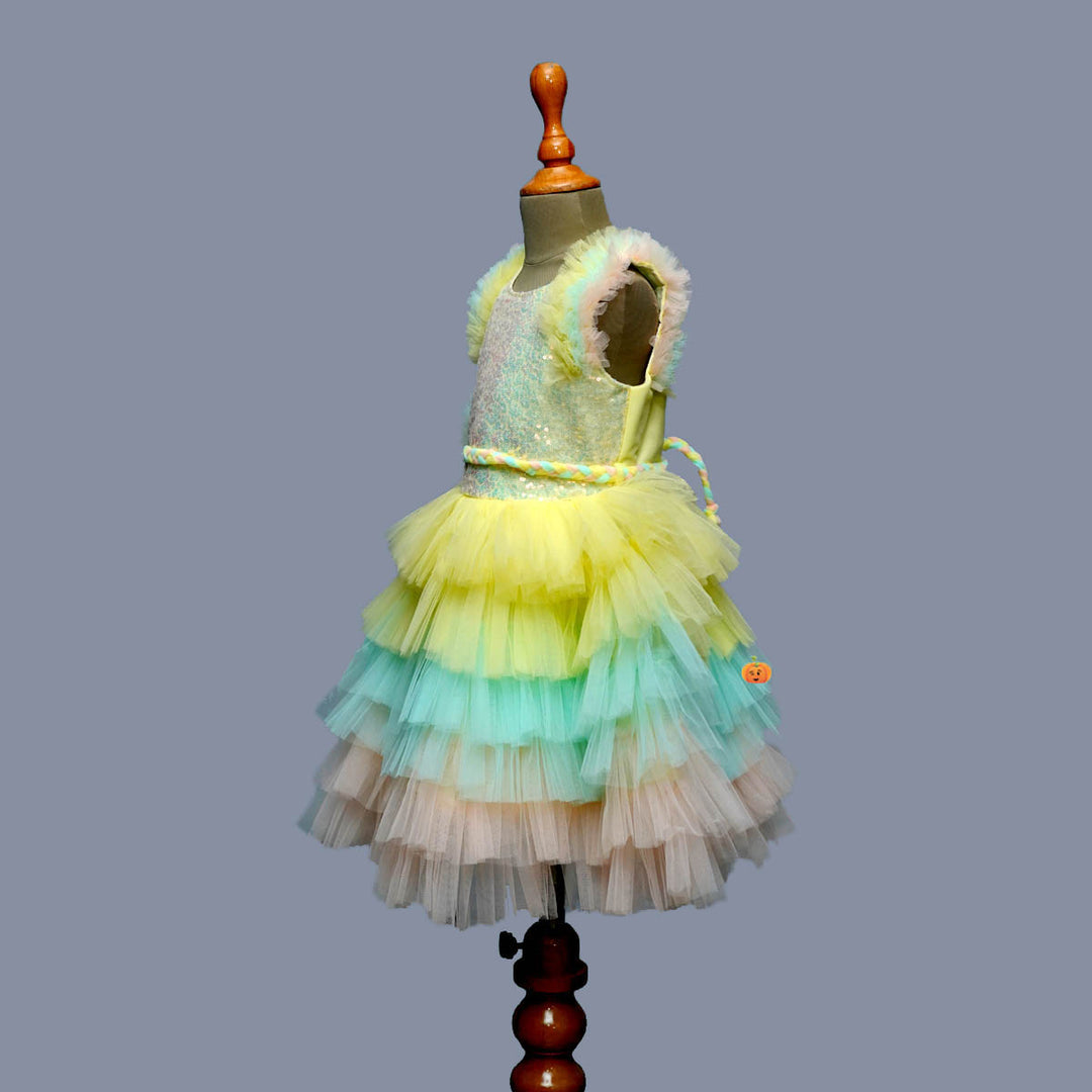 Lemon & Multi Layered Sequin Girls Frock Side View