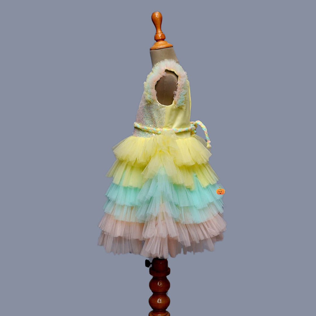 Lemon & Multi Layered Sequin Girls Frock Side View