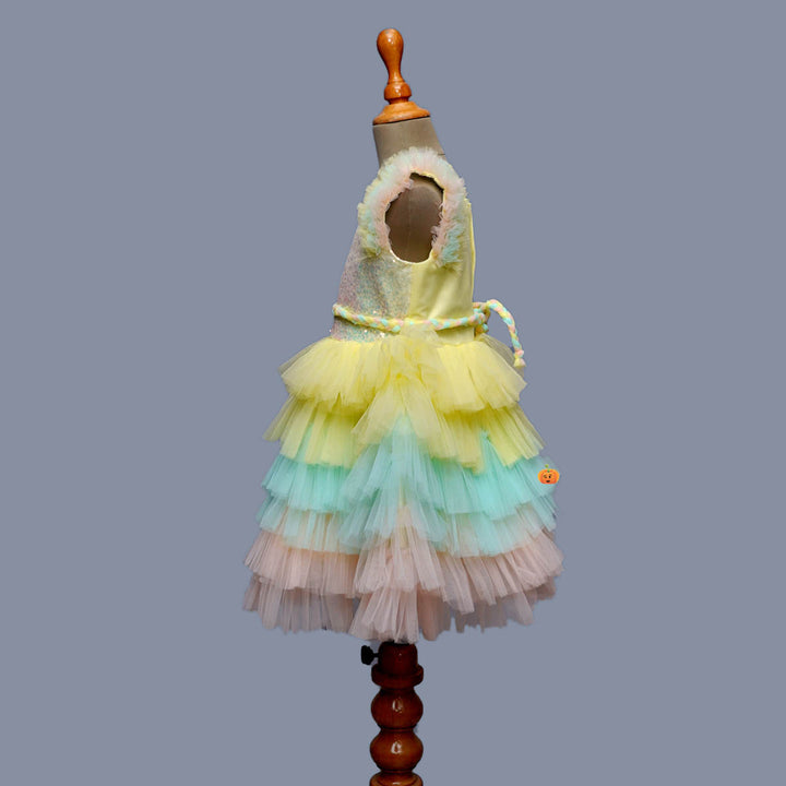 Lemon & Multi Layered Sequin Girls Frock Side View