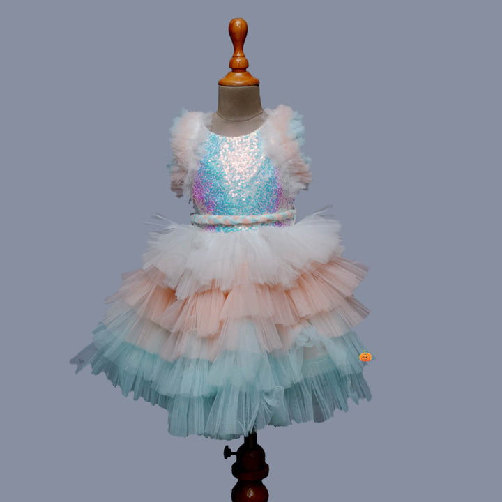 Lemon & Multi Layered Sequin Girls Frock Front View