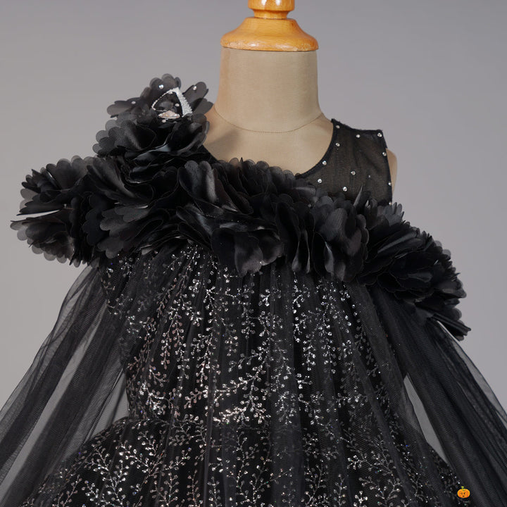 Black Frill Girls Frock Close Up View
