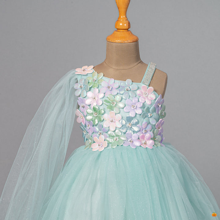Floral Embossed Net Girls Frock Close Up View
