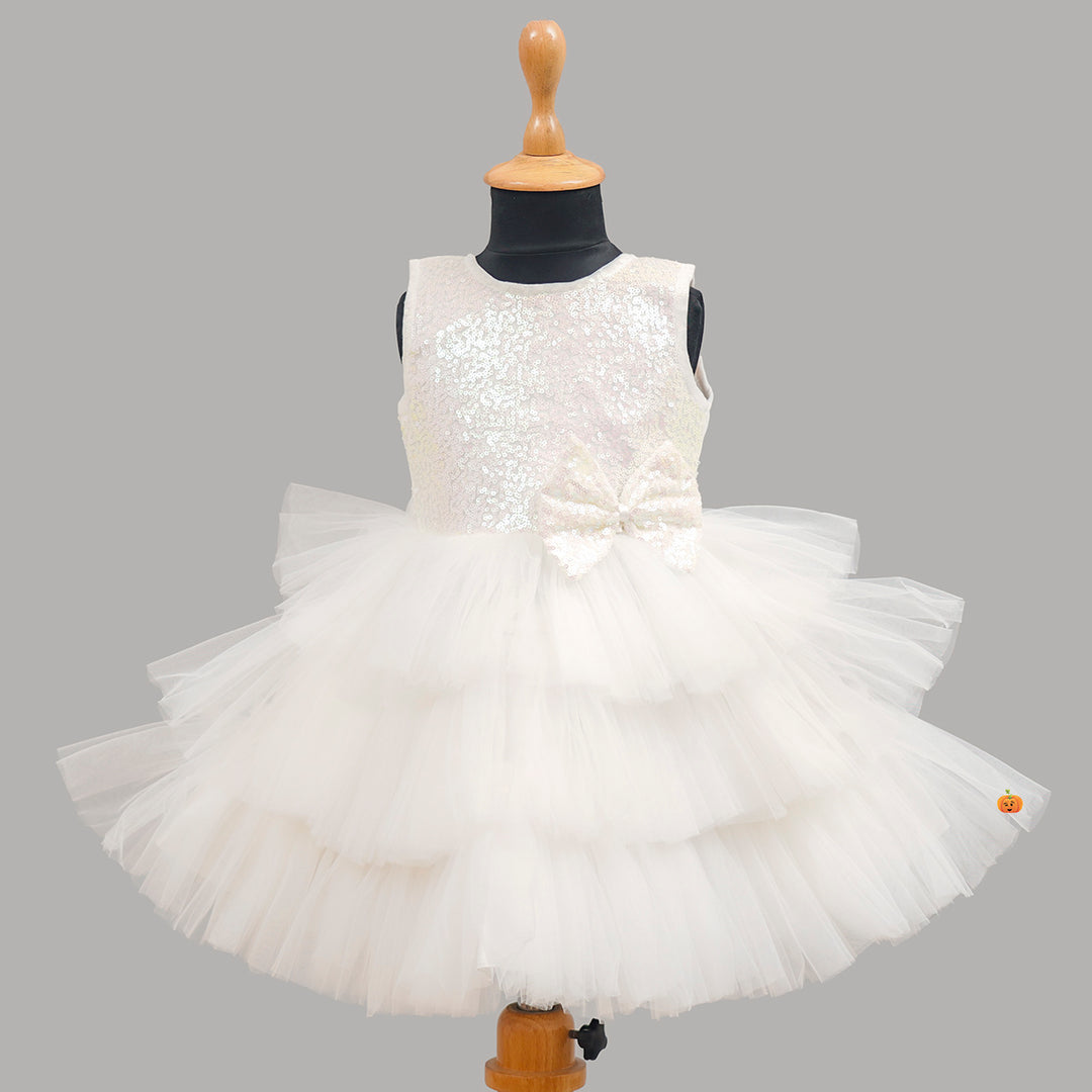 White Sequin Bow Girls Frock Front View