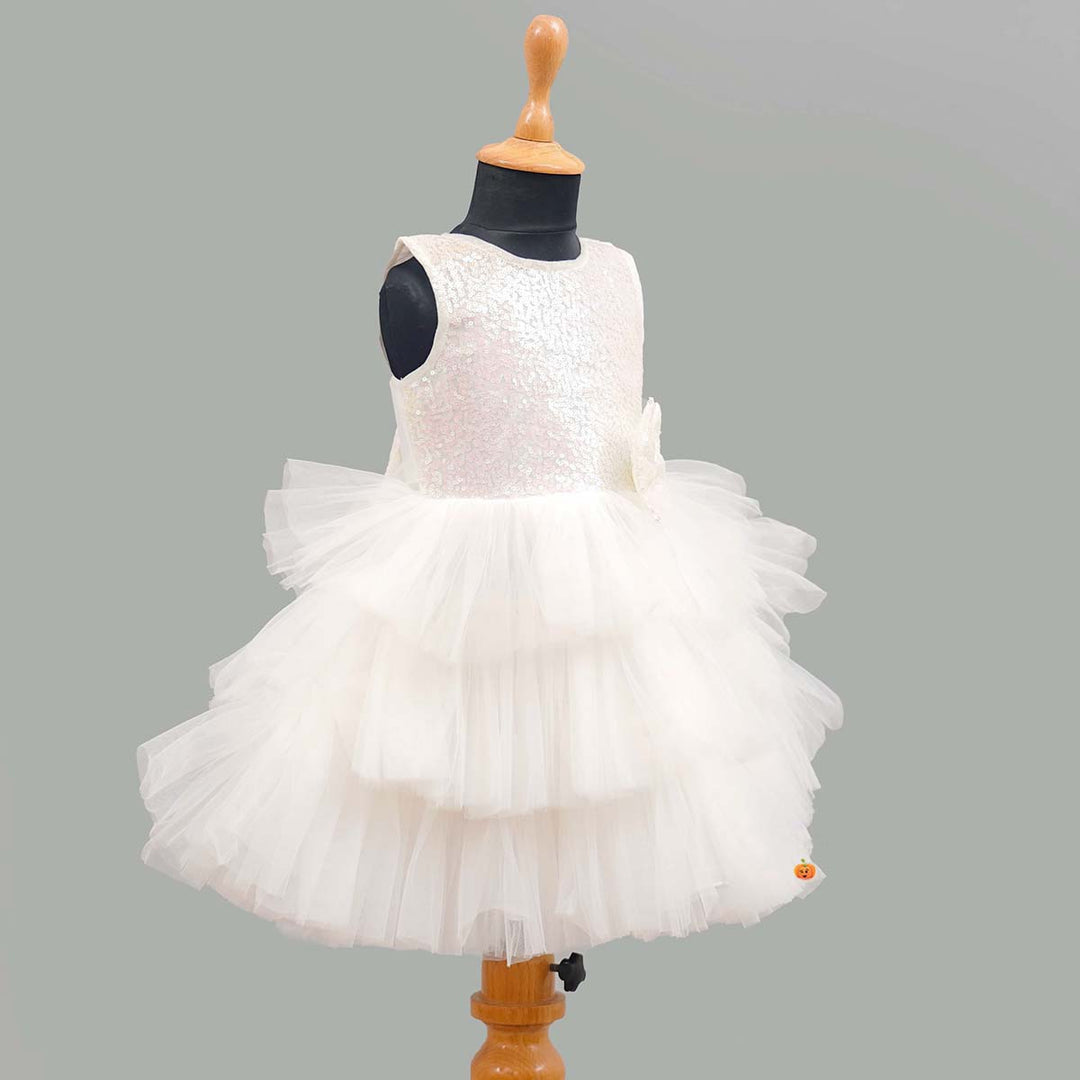 White Sequin Bow Girls Frock Side View