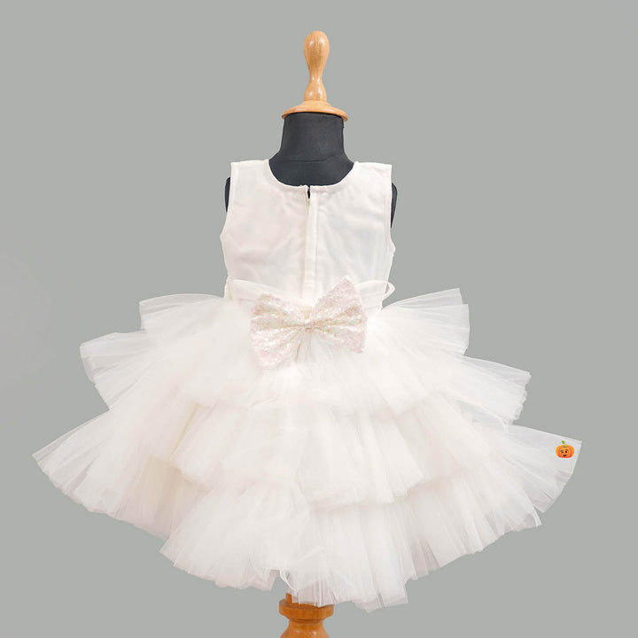 White Sequin Bow Girls Frock Back View