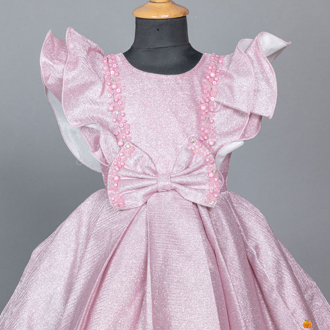 Onion Ruffled Sleeves & Bow Girls Frock Close Up View