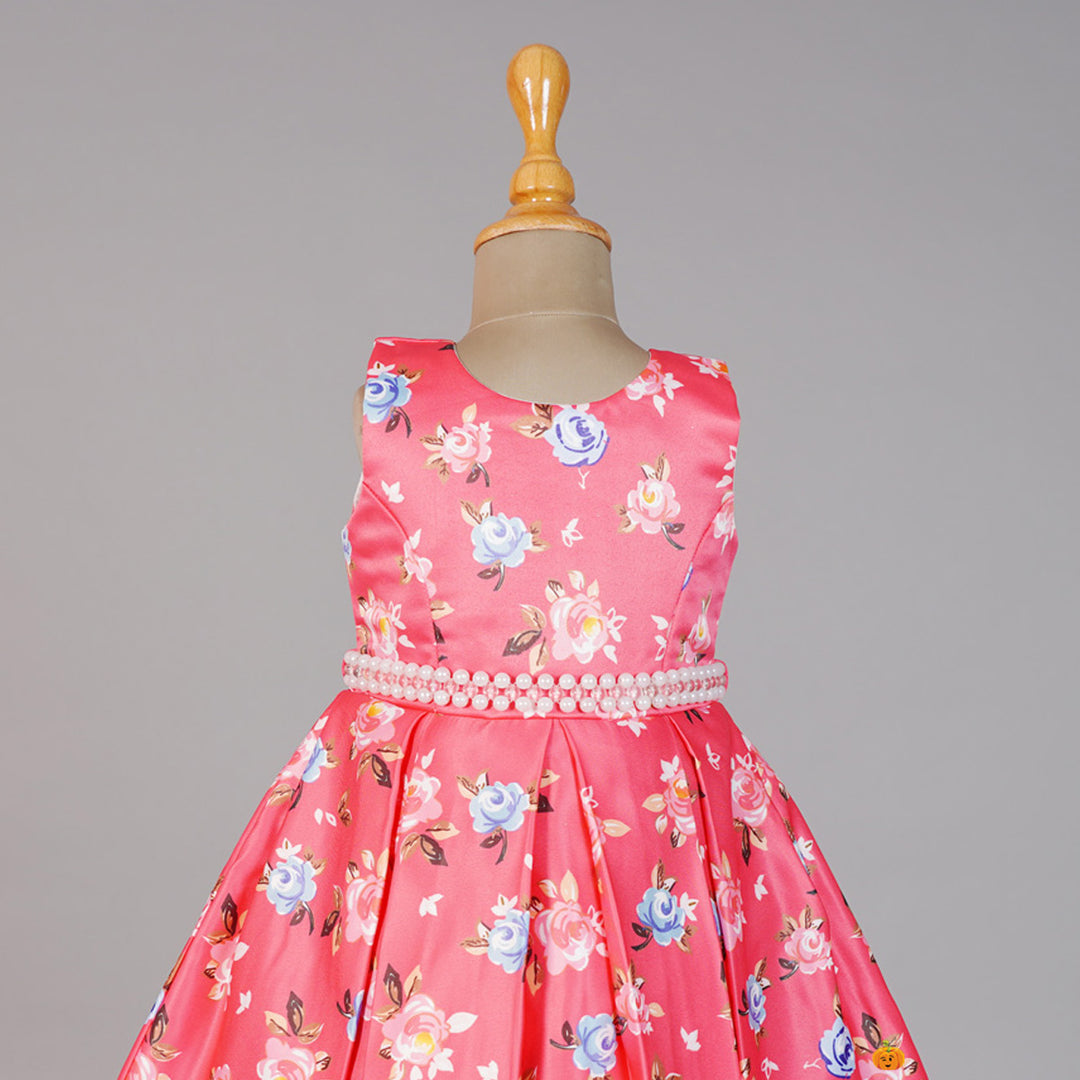 Floral Red Frock for Girls with Box Pleats Close Up View