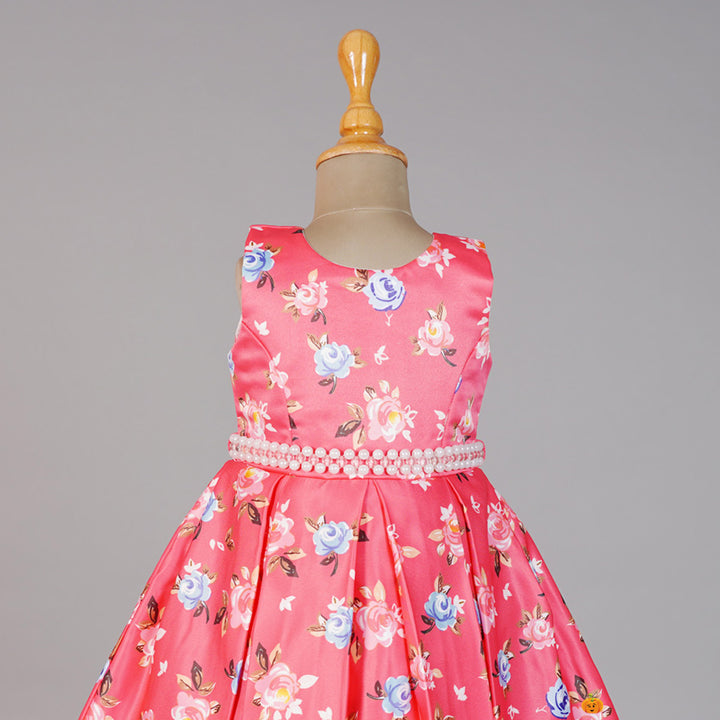 Floral Red Frock for Girls with Box Pleats Close Up View