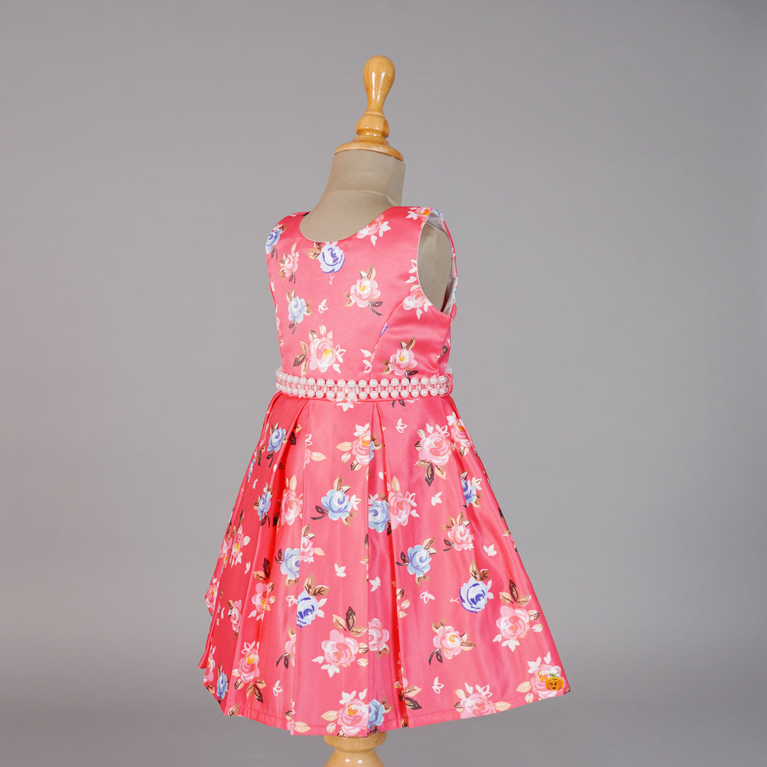 Floral Red Frock for Girls with Box Pleats Side View