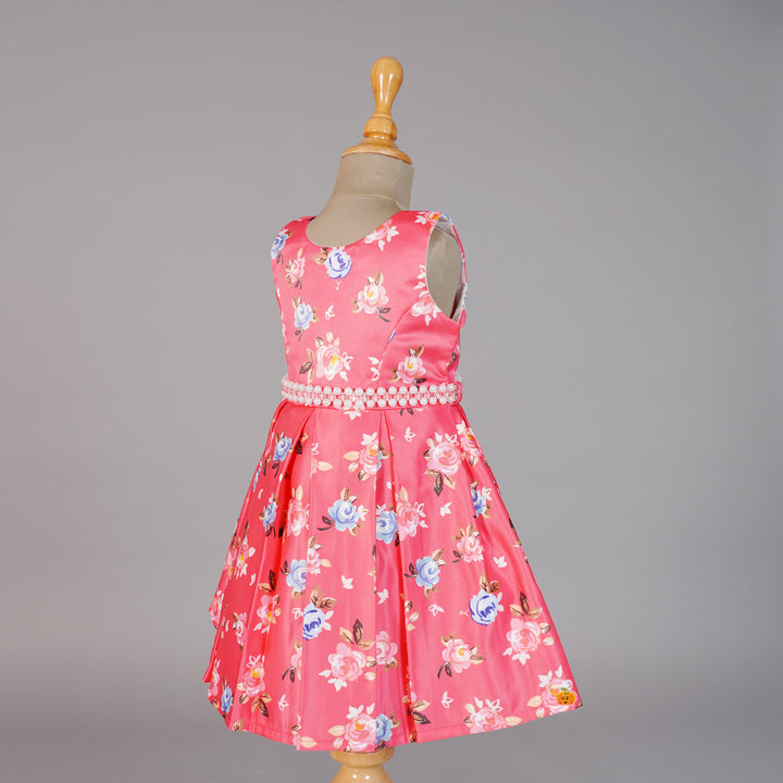 Floral Red Frock for Girls with Box Pleats Side View