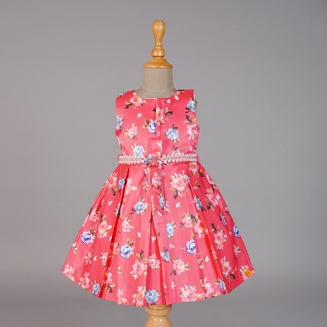 Floral Red Frock for Girls with Box Pleats Back View