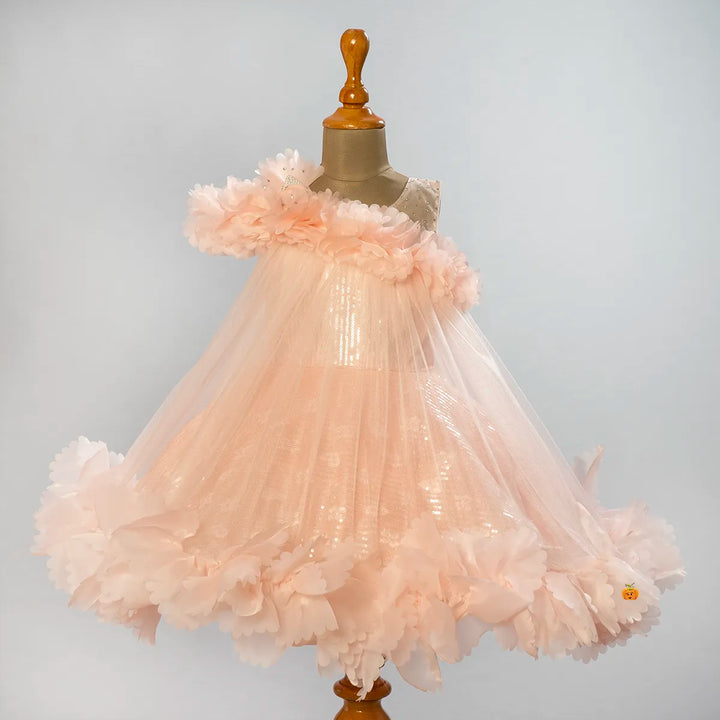 Peach Floral Frill Frock for Girls Front View