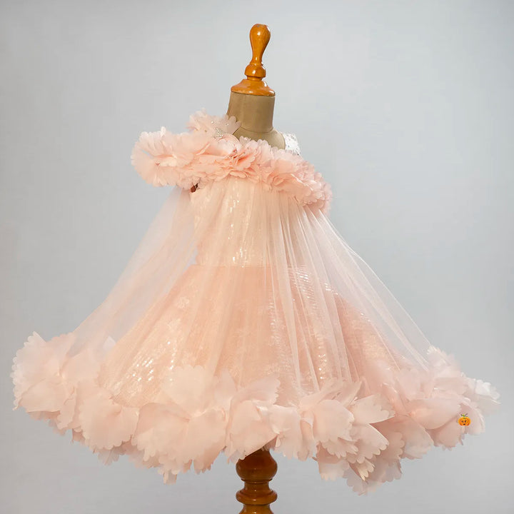 Peach & White Floral Frill Frock for Girls Side View