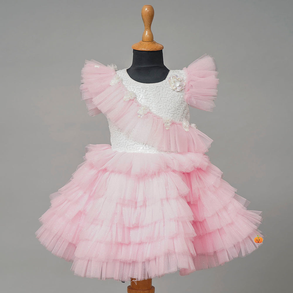 Pink Layered Sequin Girls Frock Front View