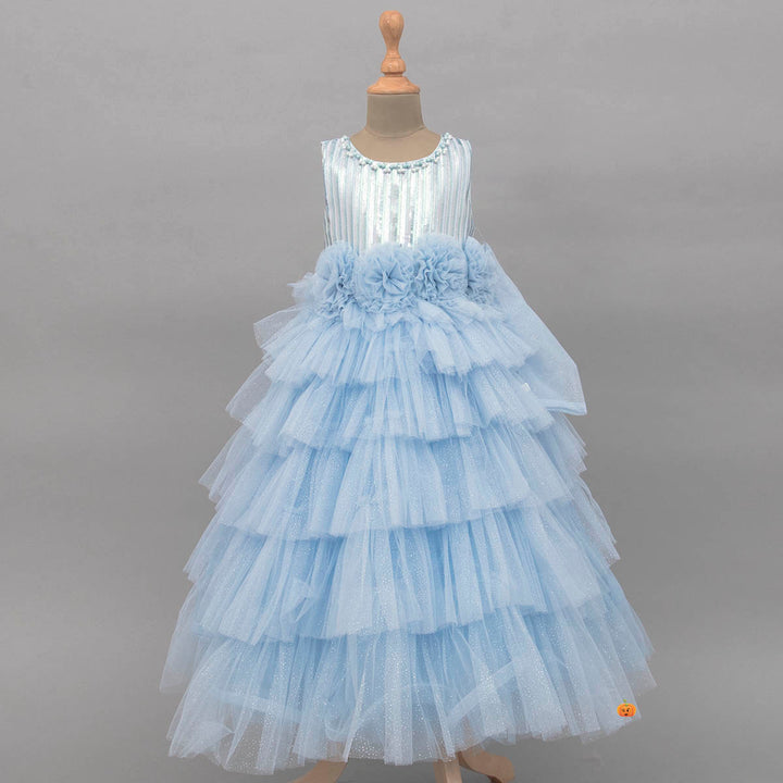 Sky Blue Sequin Girls Gown Front View