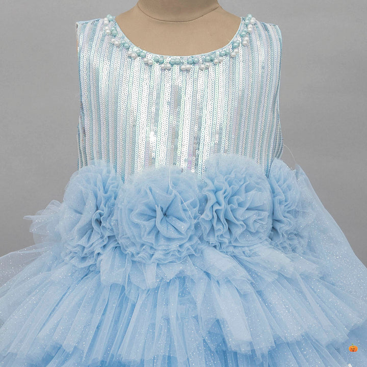 Sky Blue Sequin Girls Gown Close Up View