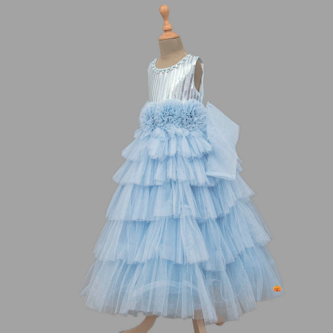 Sky Blue Sequin Girls Gown Side View