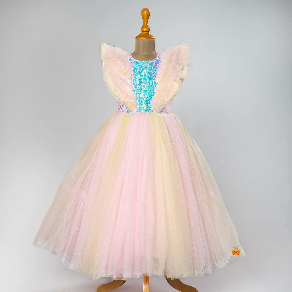 Pink Sequin Ruffled Sleeves Girls Gown Front View