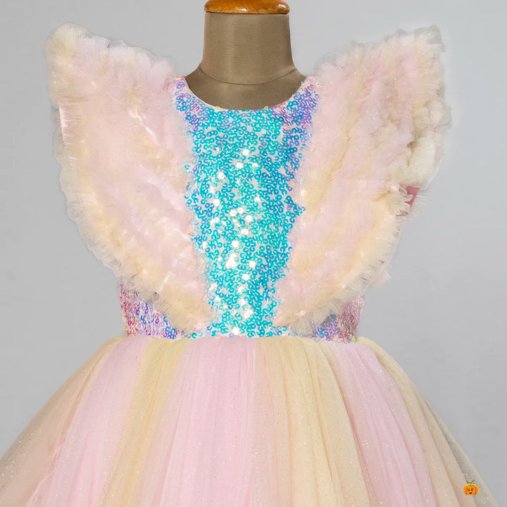 Pink Sequin Ruffled Sleeves Girls Gown Close Up View