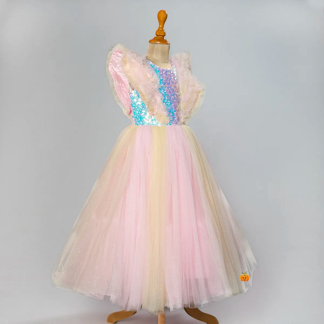 Pink Sequin Ruffled Sleeves Girls Gown Side View