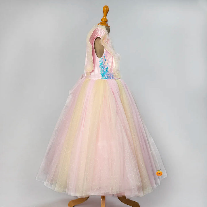 Pink Sequin Ruffled Sleeves Girls Gown Side View