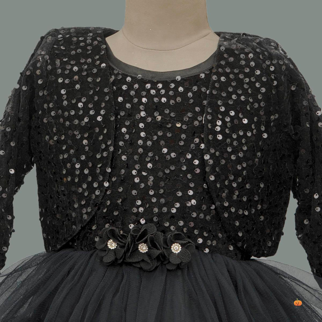 Black Layered Girls Gown with Jacket Close Up View