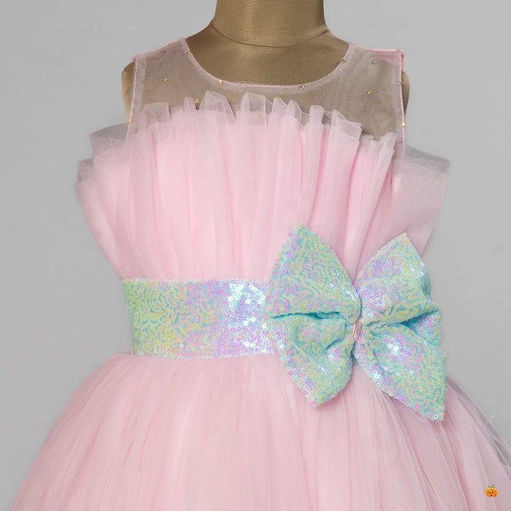 Pink Sequin Bow Girls Gown Close Up View