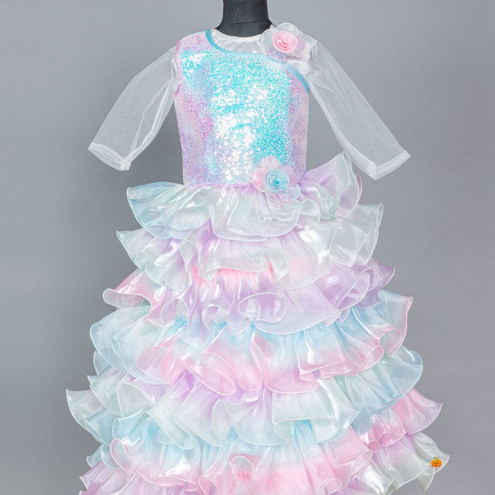 Multi Sequin Layered Girls Gown Close Up View