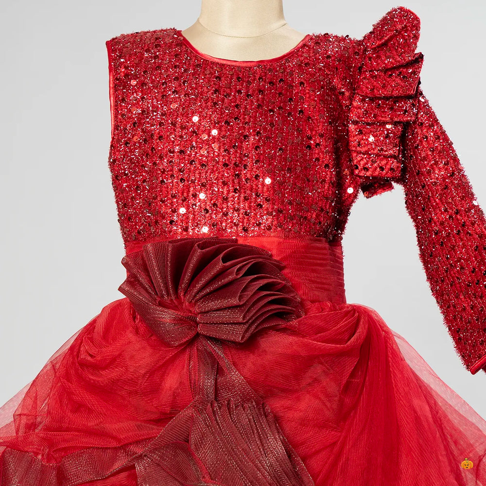 Maroon Sequin One Sleeve Girls Gown Close Up View