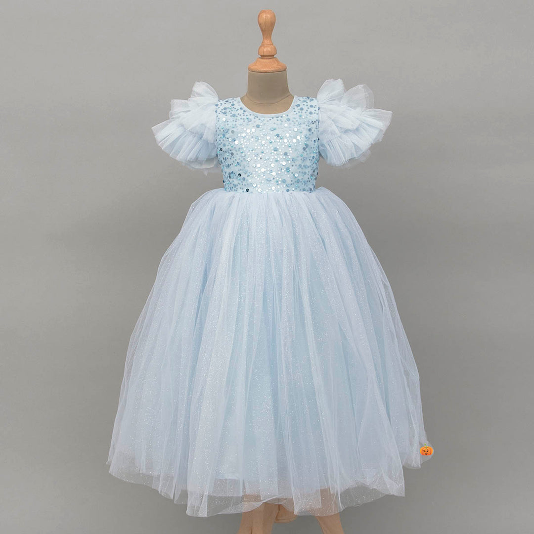 Turquoise & Peach Ruffle Sleeves Girls Gown Front View