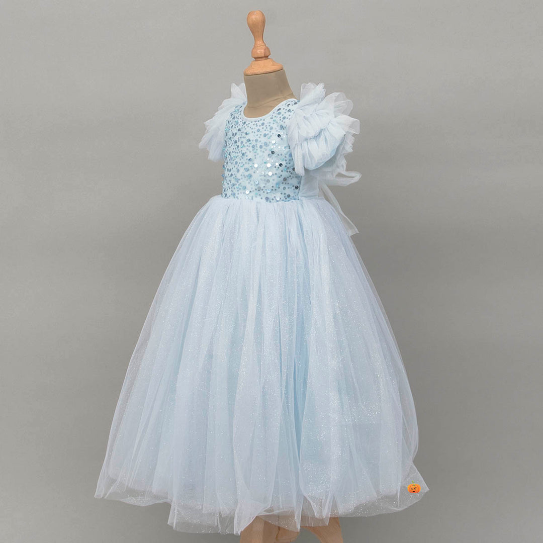 Turquoise & Peach Ruffle Sleeves Girls Gown Side View