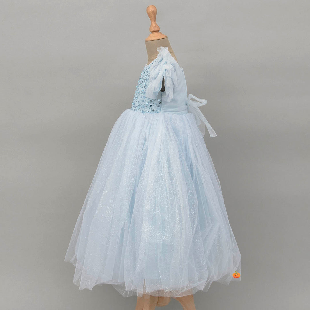Turquoise & Peach Ruffle Sleeves Girls Gown Side View
