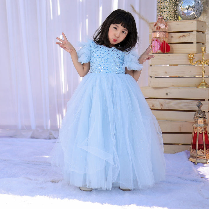 Turquoise Ruffle Sleeves Girls Gown