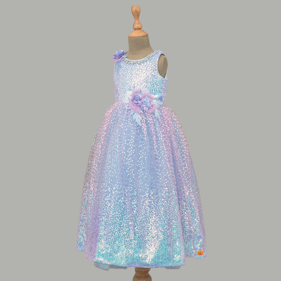 Blue Sequin Girls Gown Side View