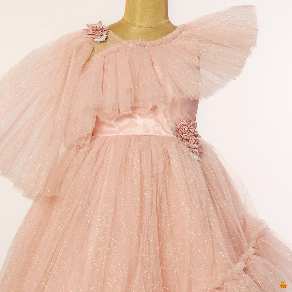 Onion Glittery Long Net Girlish Gown Close Up View