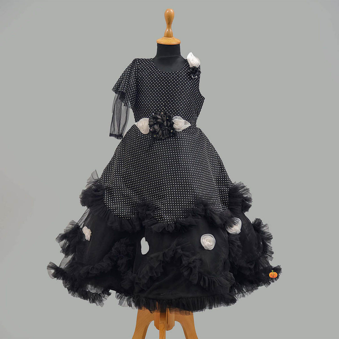 Black Dotted Frill Girls Gown Front View