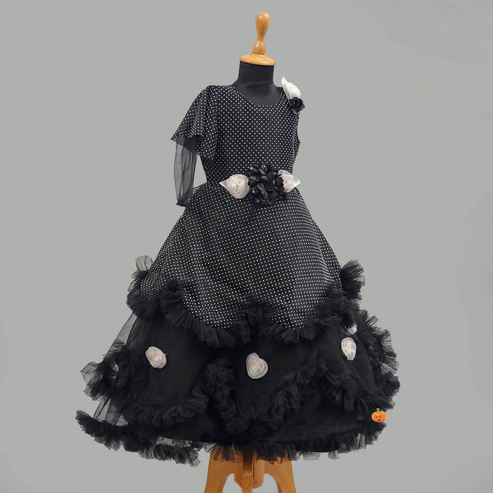 Black Dotted Frill Girls Gown Side View