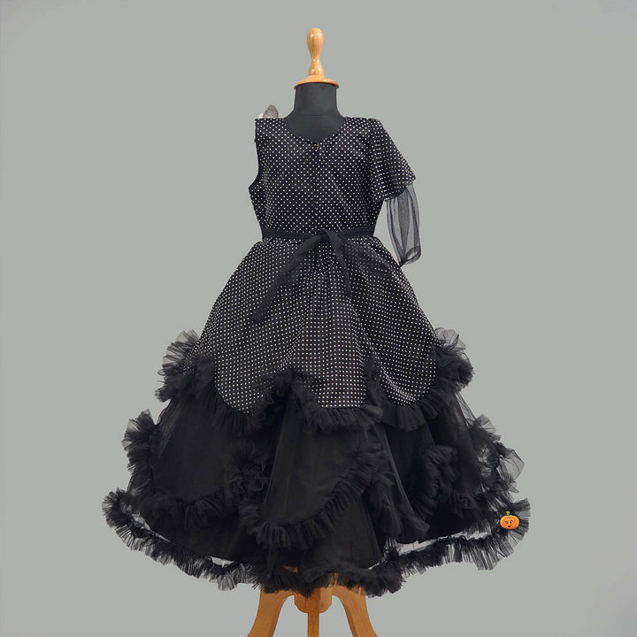 Black Dotted Frill Girls Gown Back View