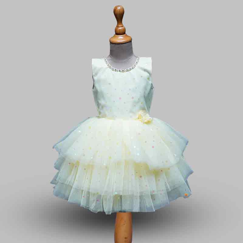 Shiny Frock For Girls In Lemon Color Front View