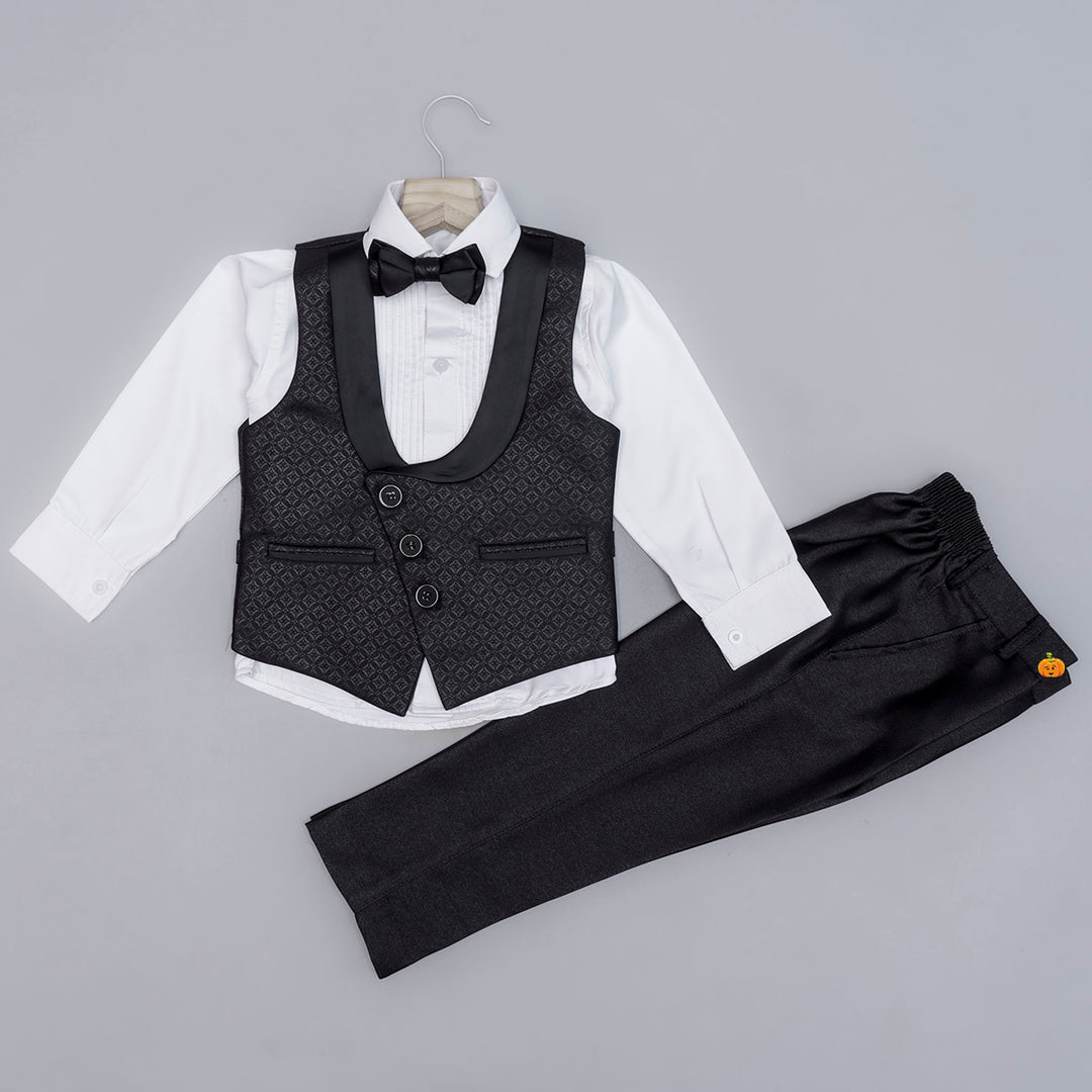 Black Party Wear Dress for Boys with Bow Tie Front View
