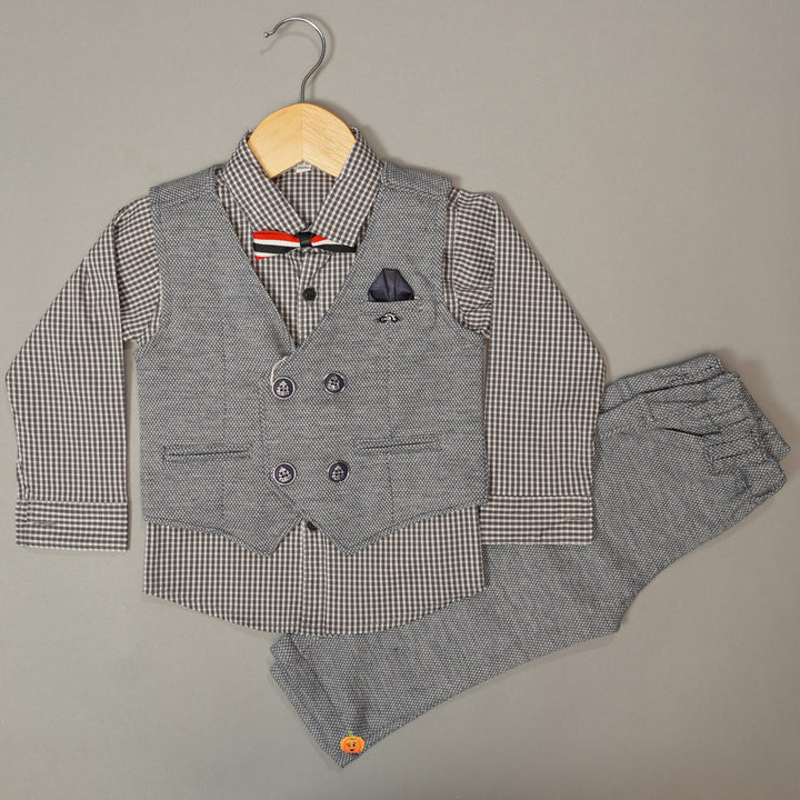 Checks Boys Party Wear Dress with Waistcoat & Bow Tie Front View