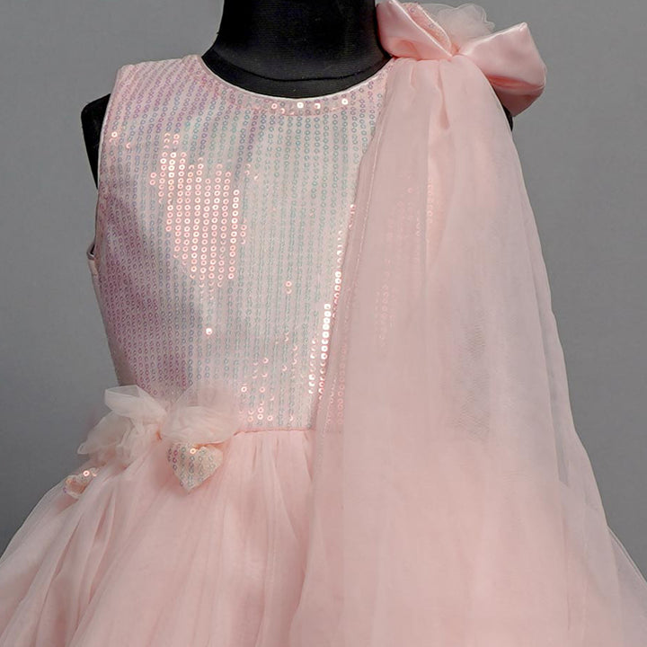 Peach & Sea Green Party Wear Girls Frock Close Up View