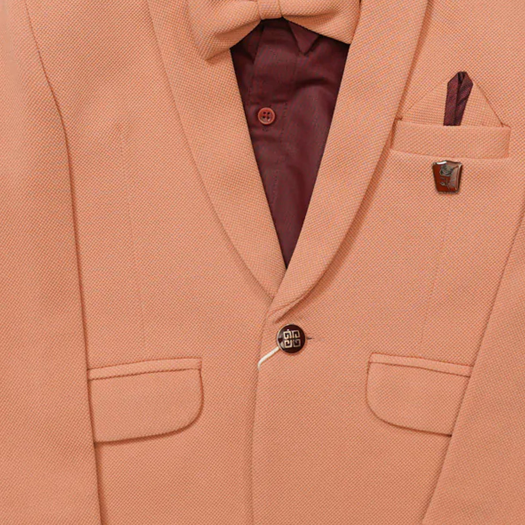Peach Party Wear Boys Tuxedo Suit With Bow Tie Close Up View 