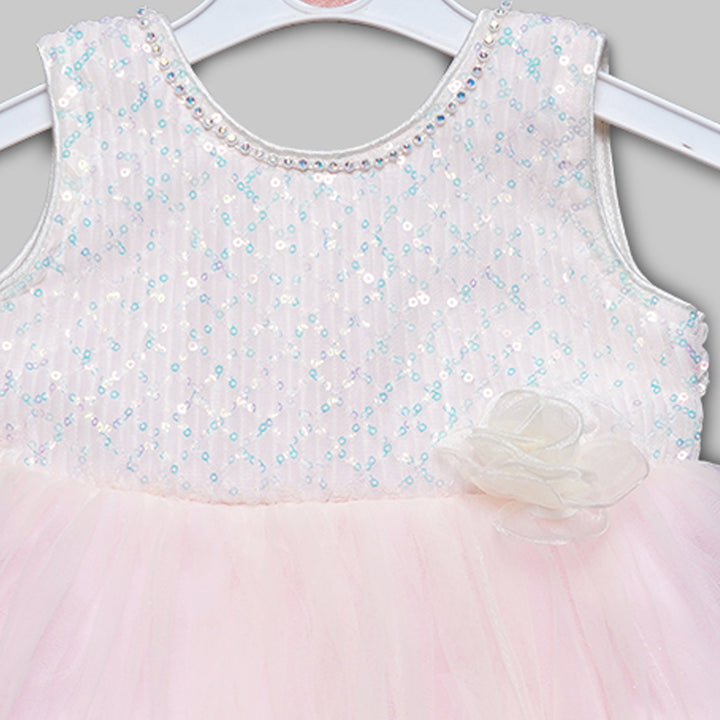 Pink & Cream Party Wear Baby Frock Close Up View