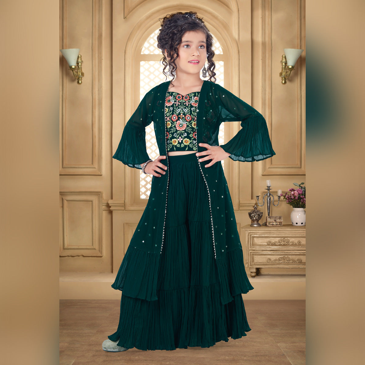 Green Georgette Readymade suit with ogee embroidered crop top, sequin work  bell sleeve tie-up long shrug & sharara pants