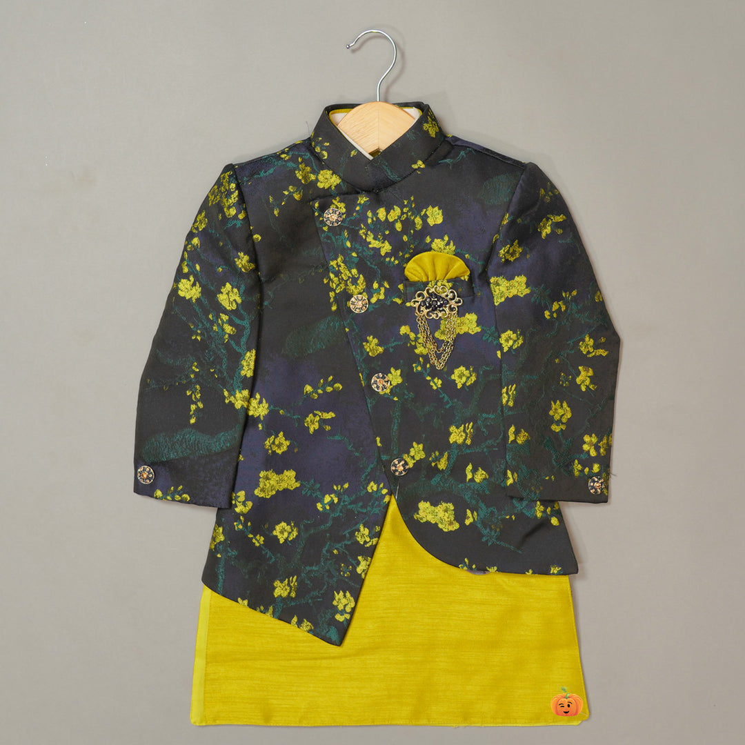 Dark Green Floral Boys Sherwani Top View