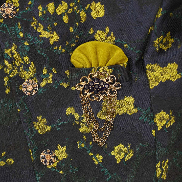 Dark Green Floral Boys Sherwani Close Up View