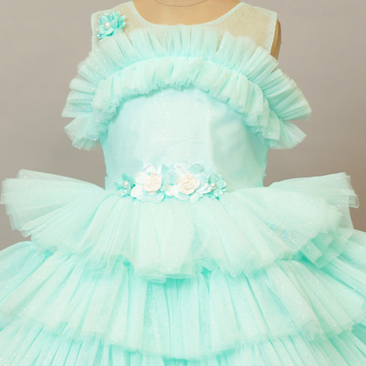 Sea Green Girls Party Wear Frock Close Up View