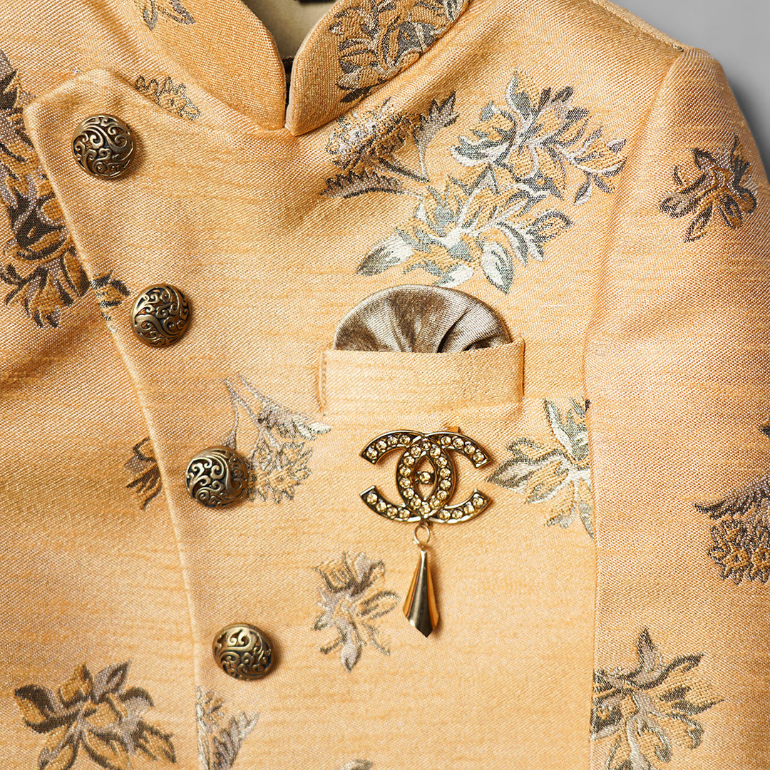 Golden Floral Boys Sherwani Close Up View