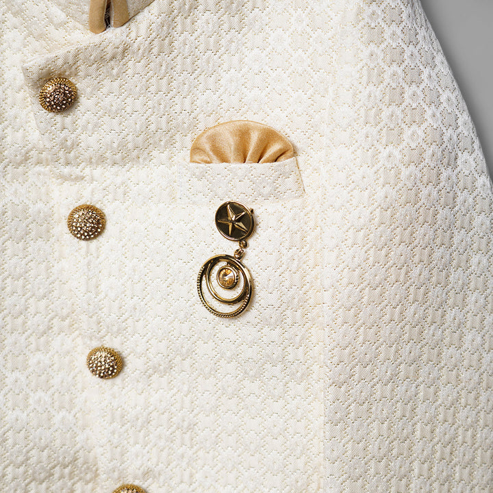 Cream & White Boys Sherwani Close Up View